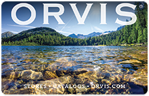 Orvis Gift Card with a lake and mountain scene